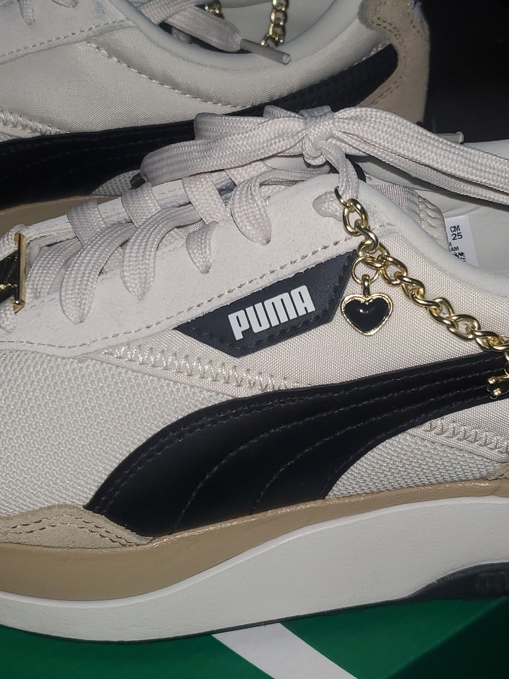 Puma Beige and Black Platform Sneakers with Gold Heart Charm